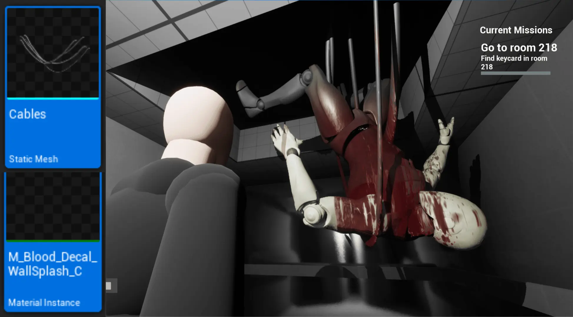 Step 3: I imported the .glb file to UE. To make the scene feel more alive and believable I added free FAB assets: a red splat decal and cables mesh.